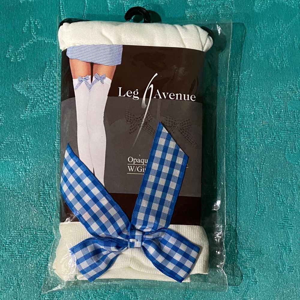 Leg Avenue White Thigh Highs with Blue Gingham Bow
